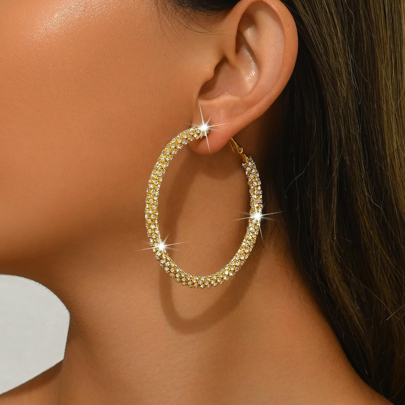 Big Hoop Earrings for Women 30Mm 40Mm 50Mm 60Mm 70Mm Rhinestone Silver Hoops Spa