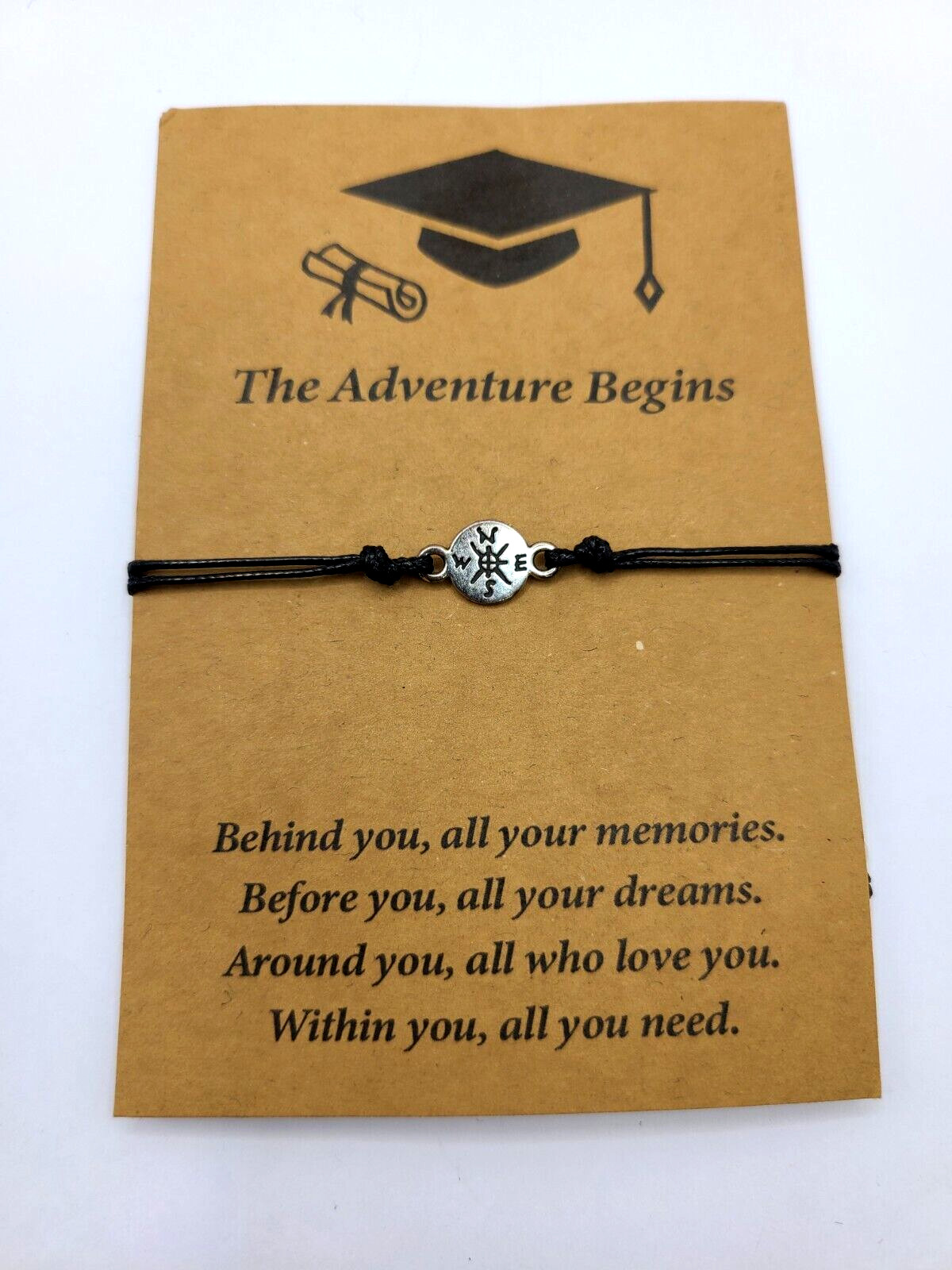 Graduation Gift “The Adventure Begins” Compass Adjustable Cord Bracelet