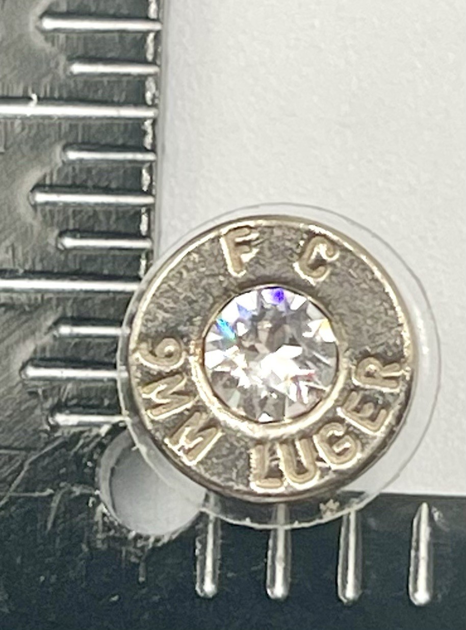 Bullet Casing Stud Earrings 9MM Swarovski Crystal Replacing Primers Silver Tone