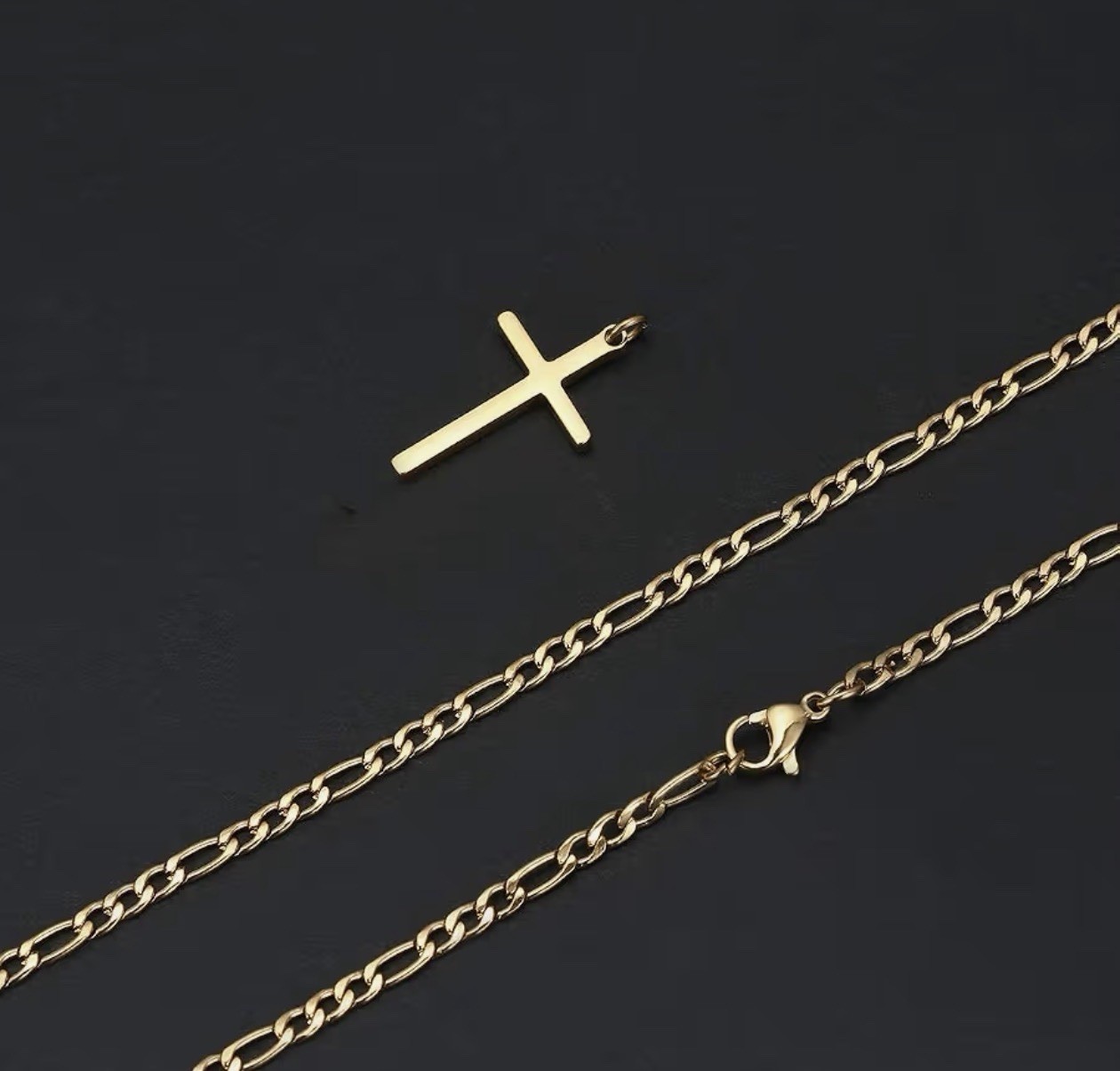 Gold Cross Pendant Necklace 3mm Figaro Chain Stainless Steel 20in Lobster