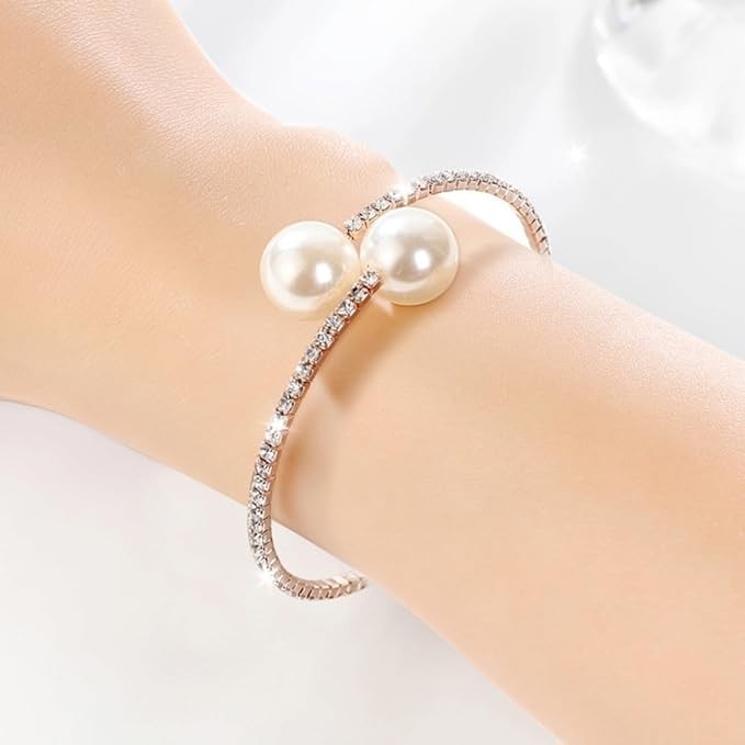 Silver Rhinestone Cuff Bangle Bracelet Created Pearl Jewelry Prom Pageant Bridal