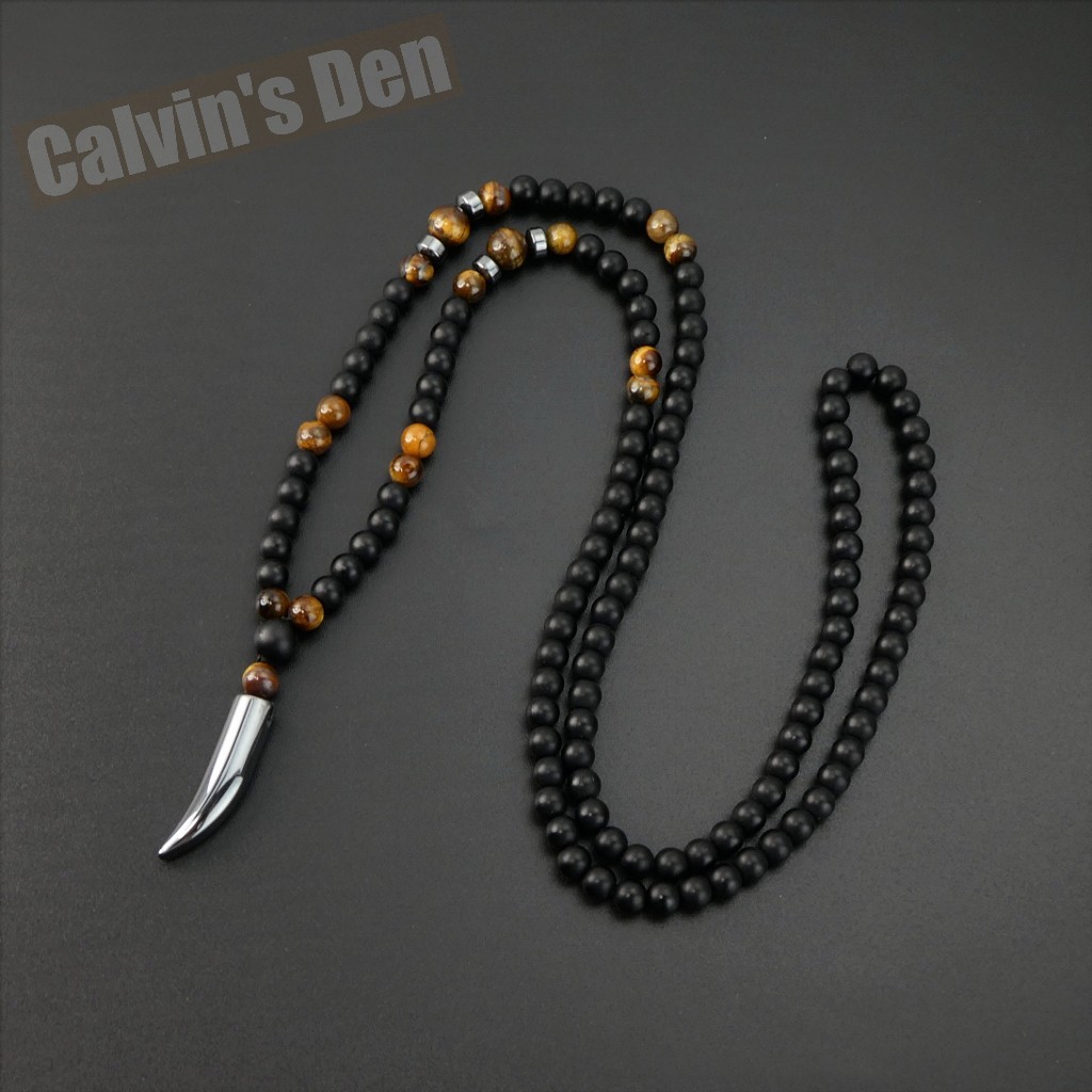 Matte Black Onyx Tiger Eye Black Hematite Tooth Fang Pendant Necklace Men Gift