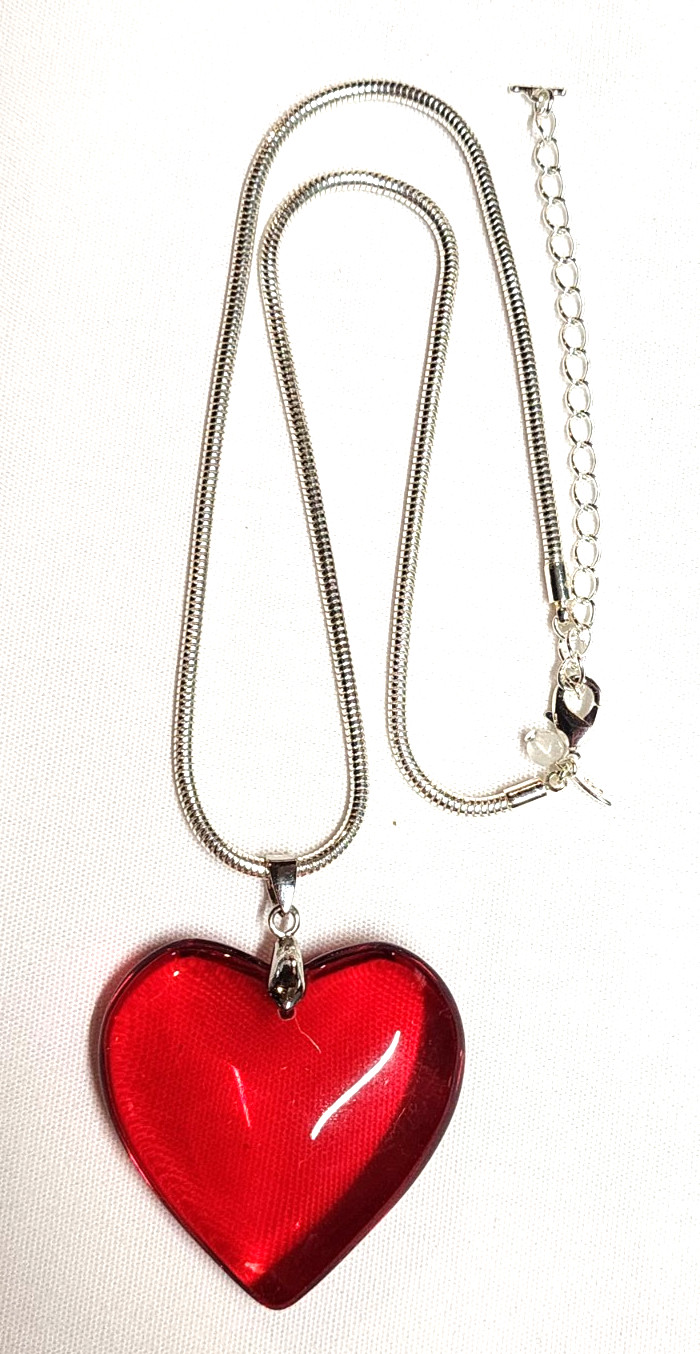 Large Red Heart Love Silver Tone Pendant Necklace Y2K Style Statement 20″ Retro