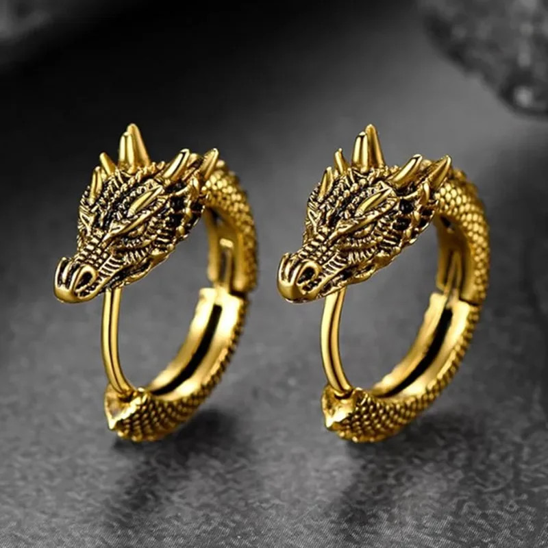 Chinese Dragon Hoop Earrings Antique Metal Hip Hop Unisex Earrings