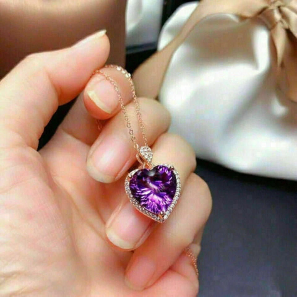 3Ct Heart Cut Simulated Amethyst Women’s Pendant Necklace 14K Yellow Gold Plated