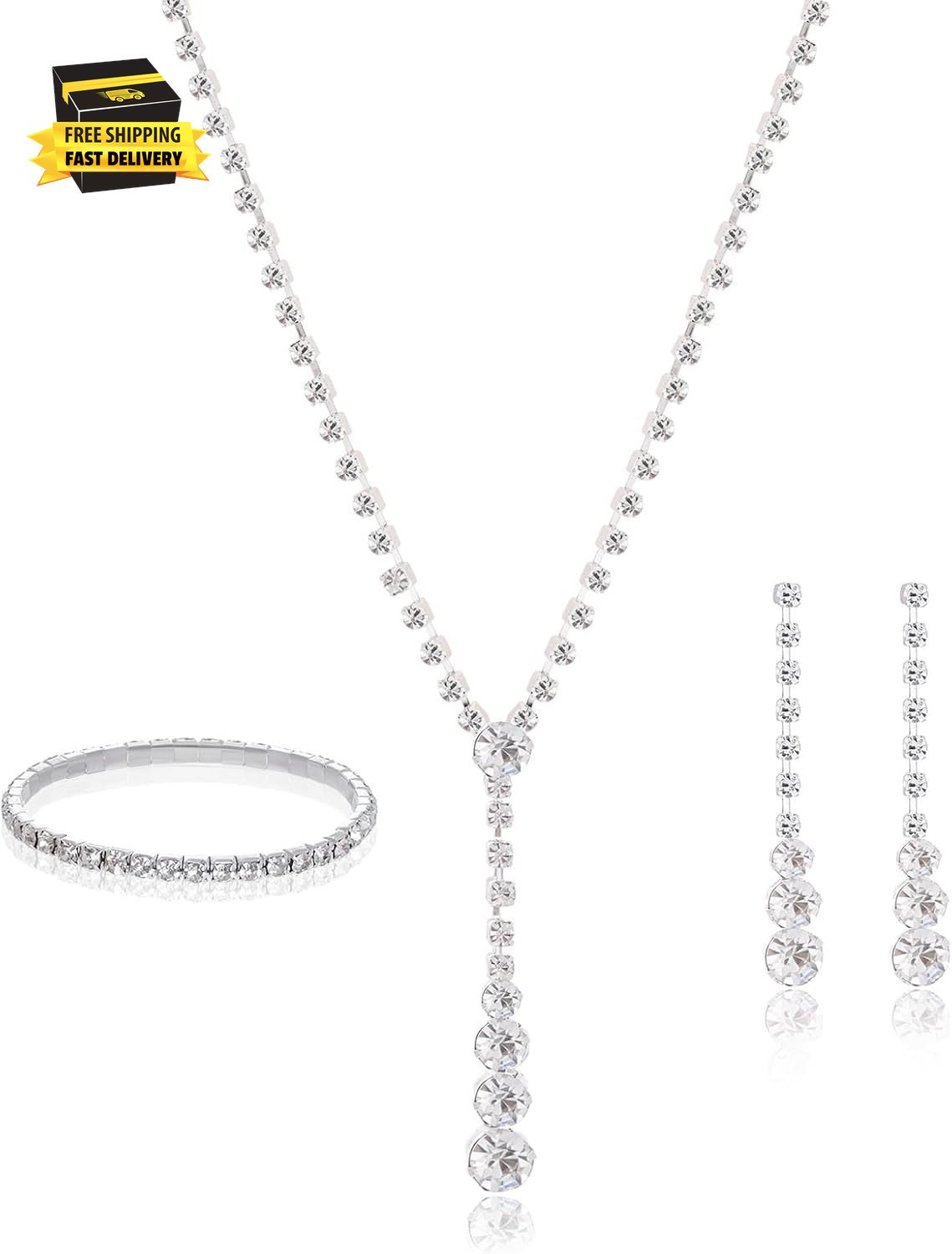 Women Jewelry Set Silver Necklace Earrings Bracelet Rhinestone Crystal Bridal We