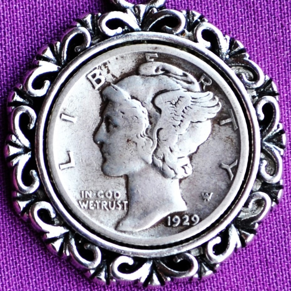 Authentic 1929 Silver Mercury Head Dime Coin Pendant Necklace