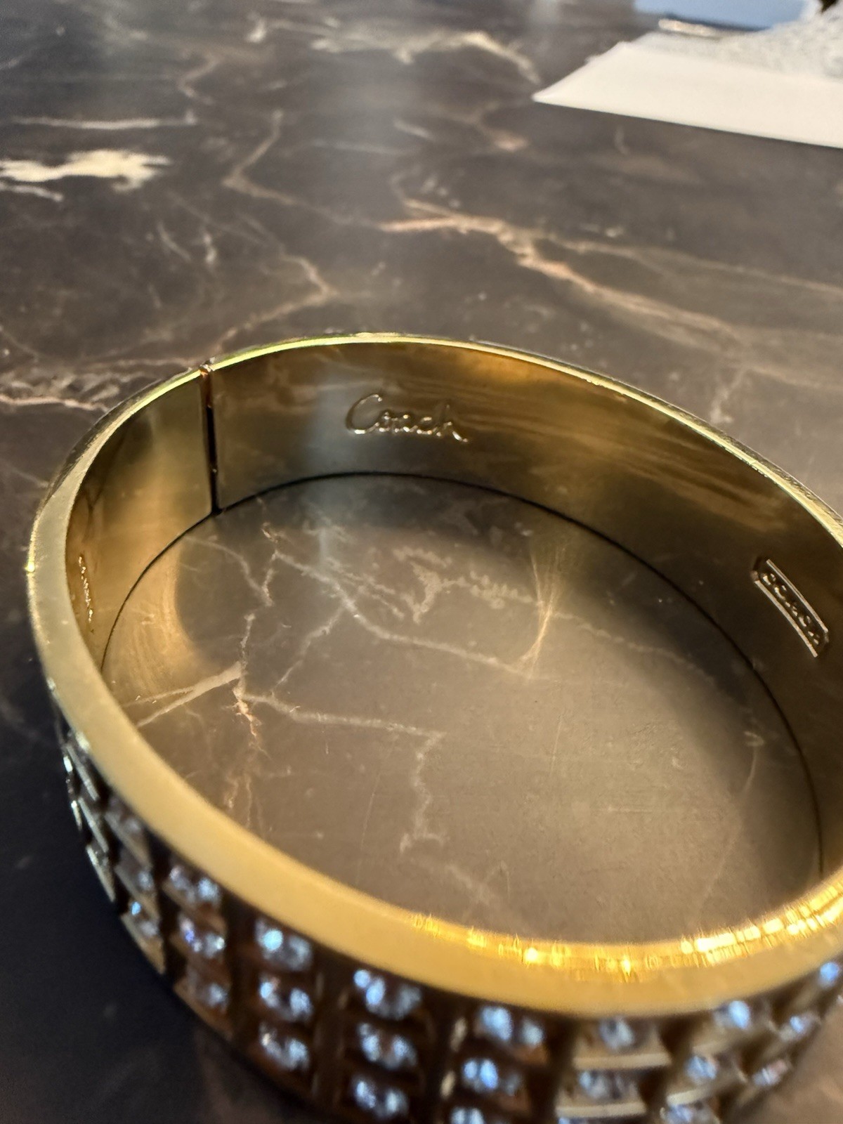 Coach Signed Gold-Tone Hinged Bangle Bracelet Pavé Crystal Accents