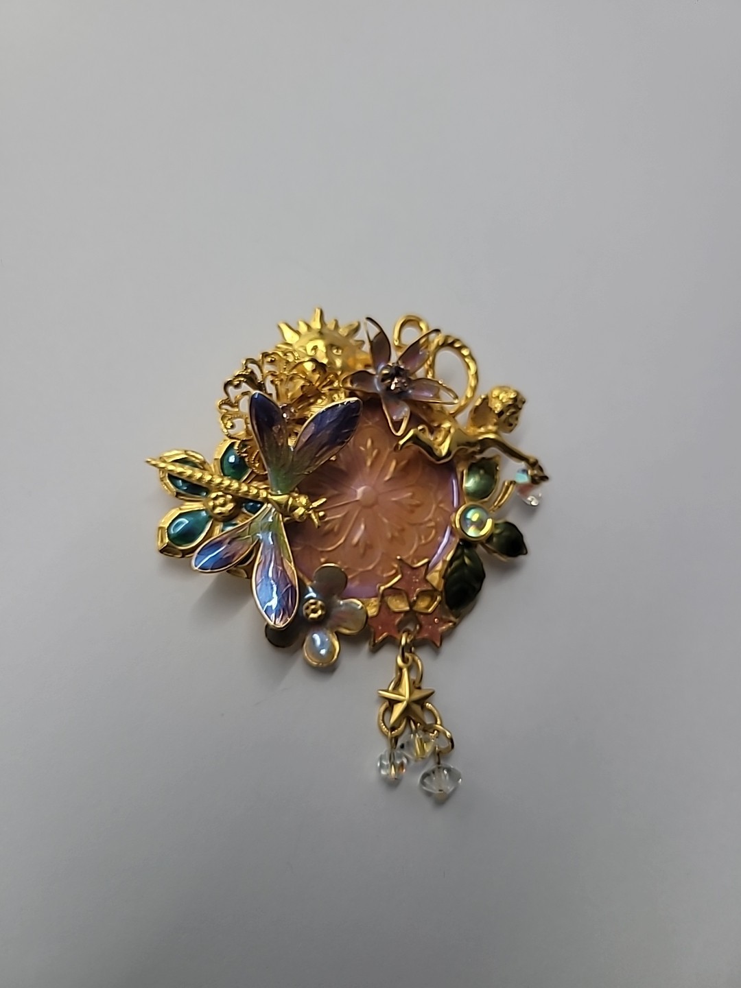 Vintage Kirks Folly Fairy Dragonfly Garden Brooch Iridescent Medallion Retired