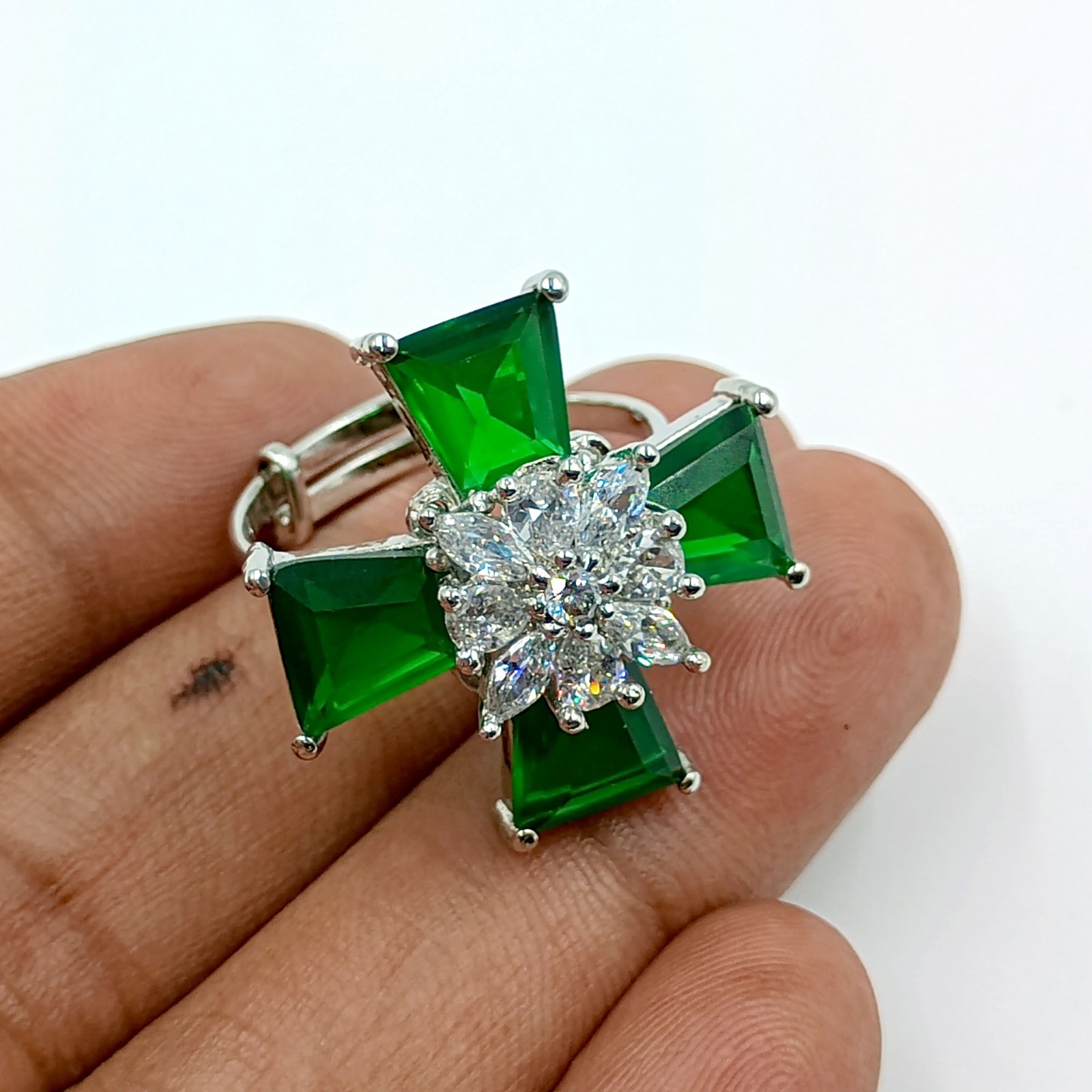 Elegant Green Stone Cross Ring White Plated Cubic Zirconia Adjustable Band Gift