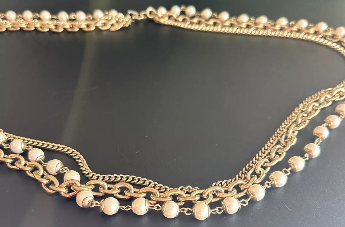Ann Taylor Gold Plated Pearl Layered Chains Necklace Massive Long 30in. 20mm