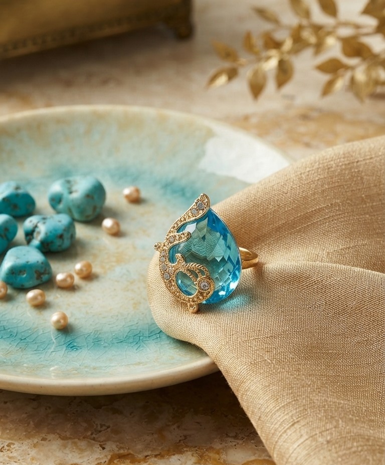 Elegant Cocktail Ring – Large Synthetic Blue Topaz Gemstone – Golden Tone Size 8