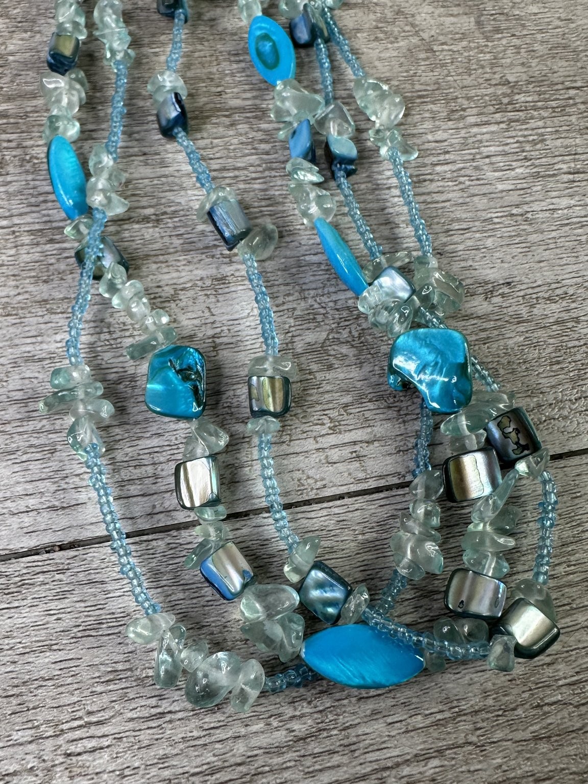 Multi-Strand Bib Necklace 18-20″ Adjustable Blue Turquoise Glass Shell Beads
