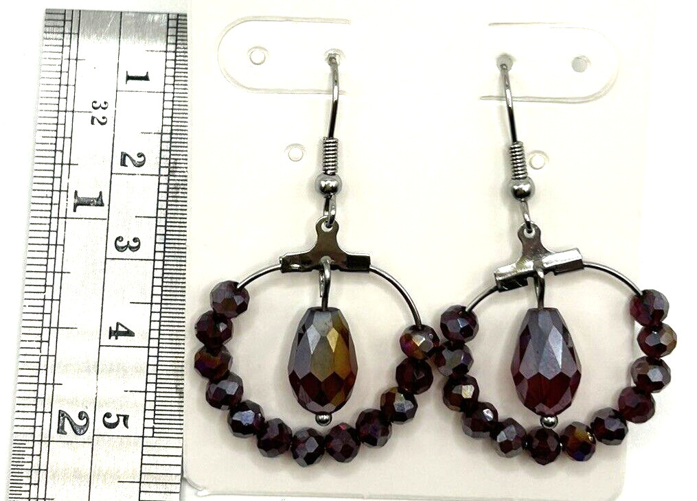 Gorgeous Deep RED Aurora Borealis Glass Beaded Stainless Steel HOOP Earrings