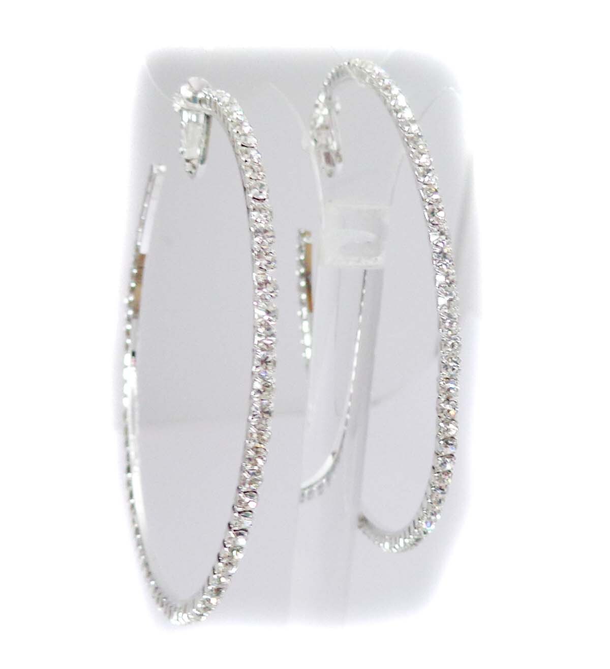 CLIP-ON EARRINGS 2.25 INCH HOOP CRYSTAL EARRINGS RHINESTONE SILVER OR GOLD TONE