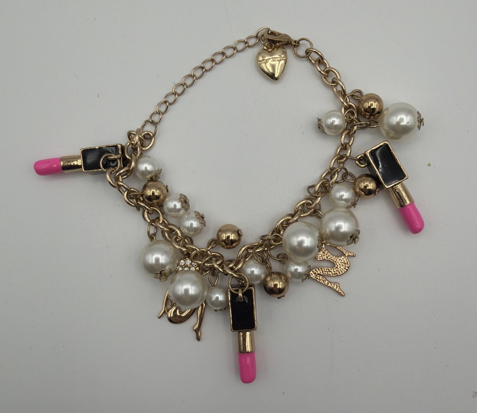 Betsey Johnson Charm Bracelet Gold Tone Pearl Lipstick Pink Enamel BJ