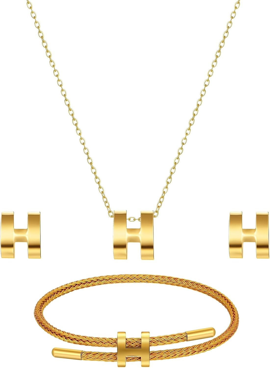 H Jewelry Set for Women 3 Piece, H Titanium Steel Necklace, Earrings, Bracelet S