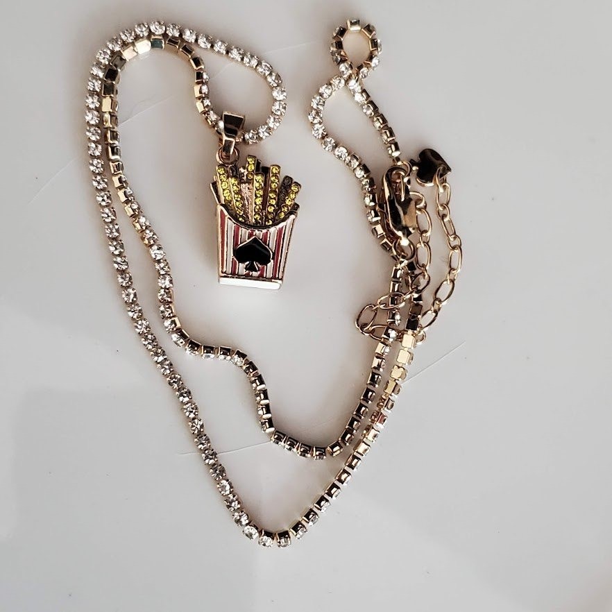 Kate Spade x Target French Fries Pendant Crystal Tennis Chain Necklace Gold Tone