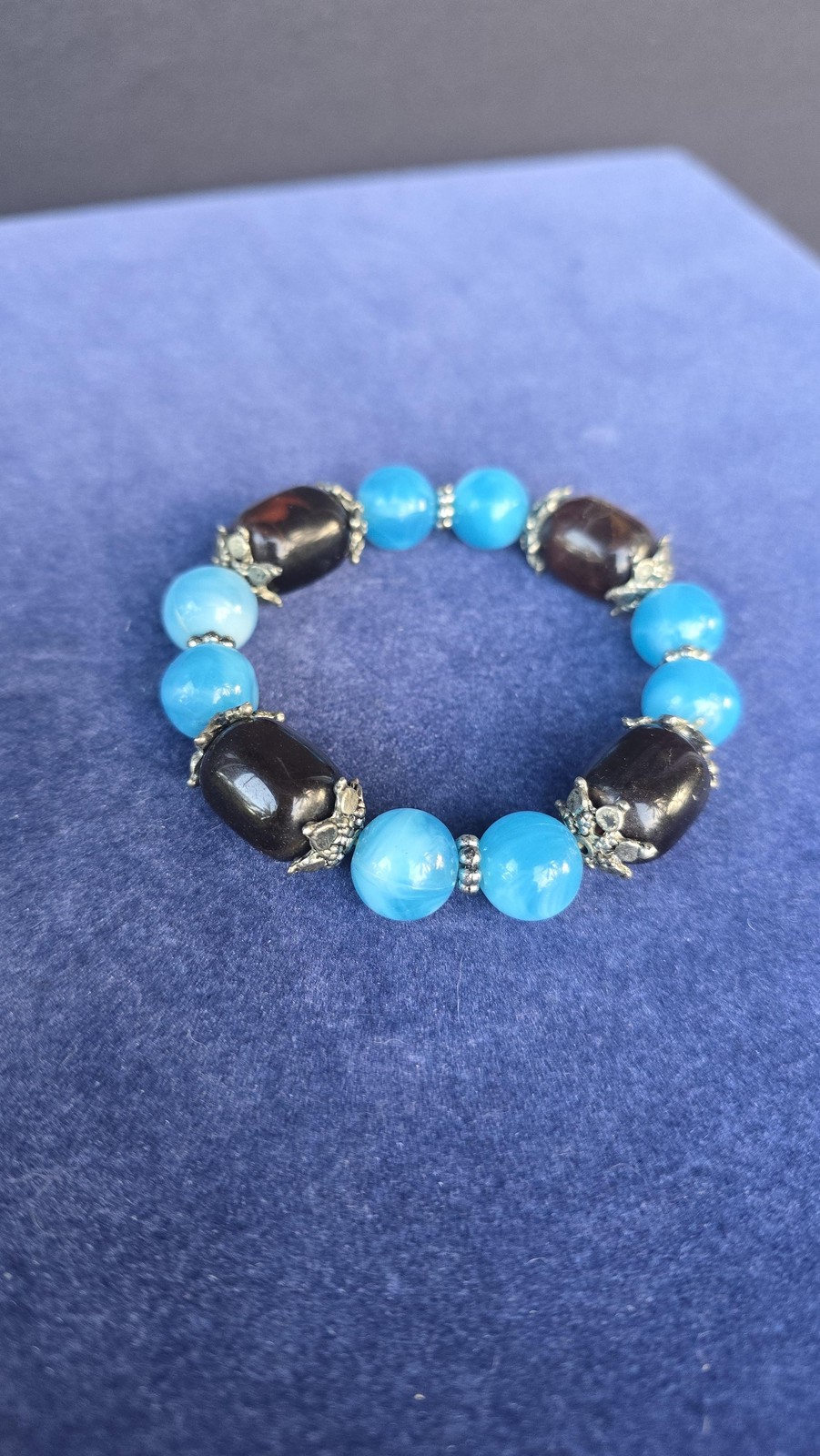 Blue Brown Beaded Stretch Bracelet Womens Silver Tone Boho Jewelry Fashion