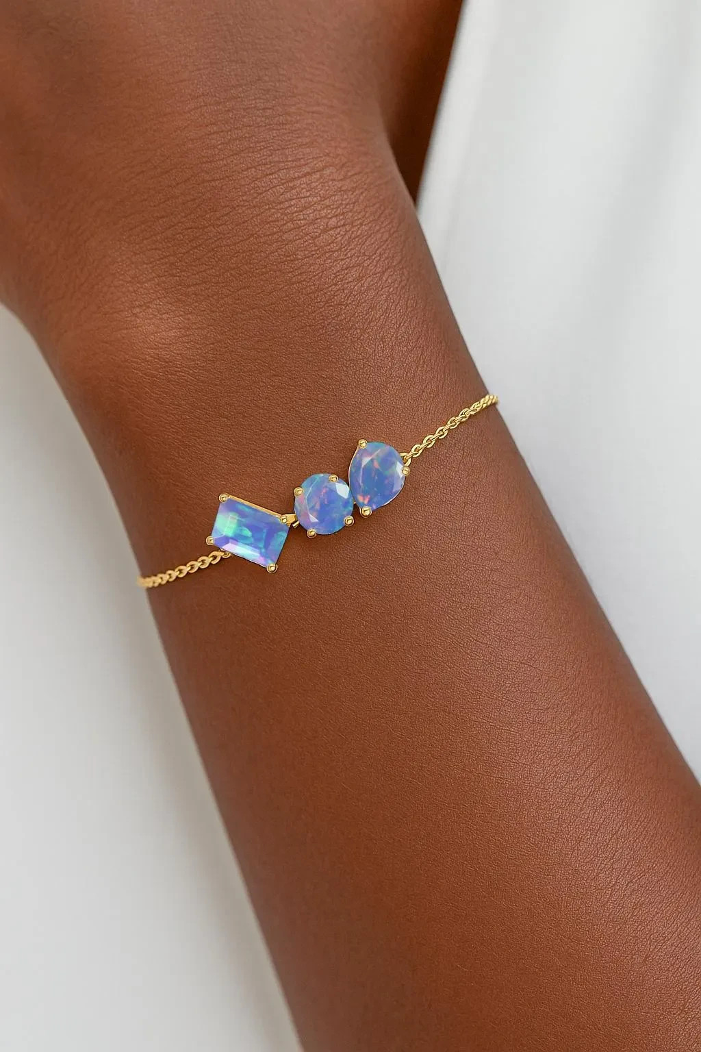 Blue Fire Opal Three Stone Chain Bracelet 925 Sterling Silver Chain Bracelet