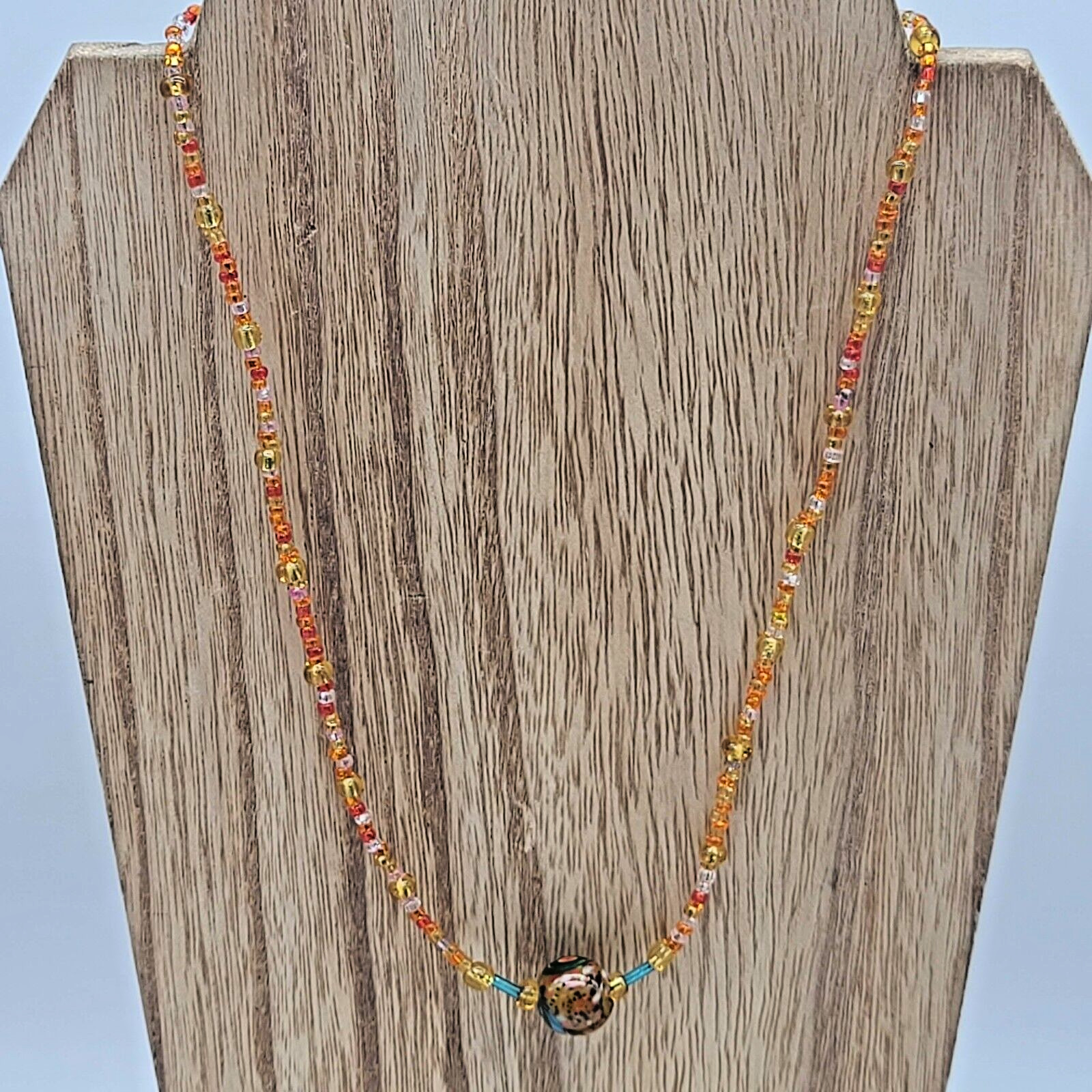 Orange, Yellow & Clear Seed Bead Necklace w Multi-Color Swirled Glass Pendant