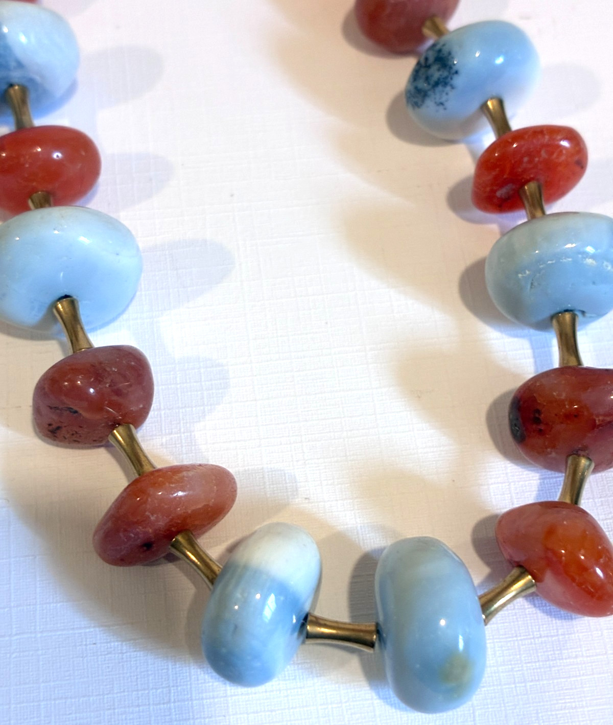 Boho Chunky Natural Gemstones -light blue, red/orange, brass, long 20″ – 24″