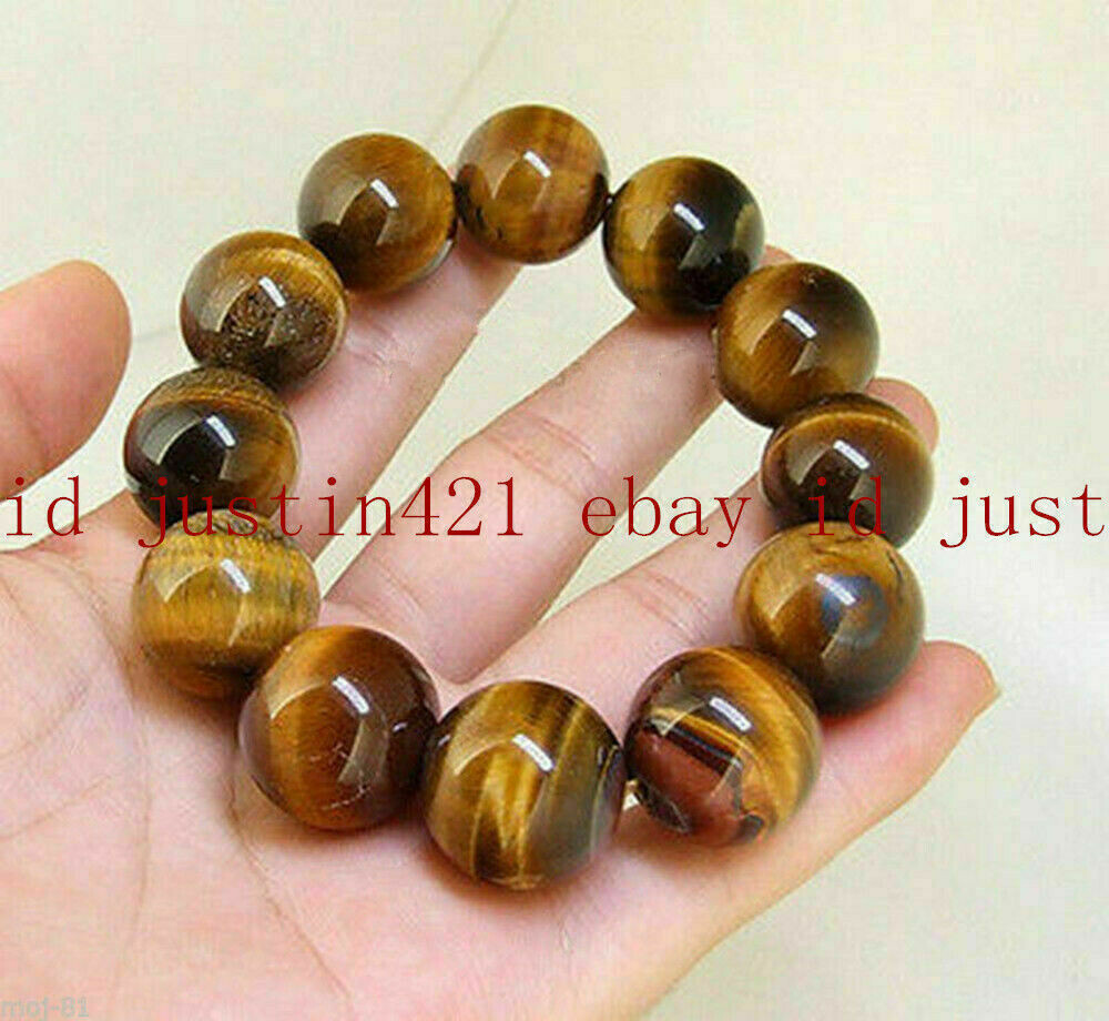 Huge 14/16/18/20mm Yellow Tiger’s Eye Gemstone Round Beads Elastic Bracelet 7-9″