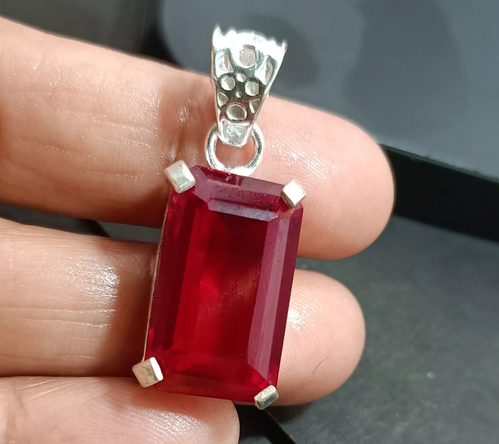 Red Ruby Emerald Cut 30.24 Ct 925 Solid Silver Burma Pendant Natural Gemstone