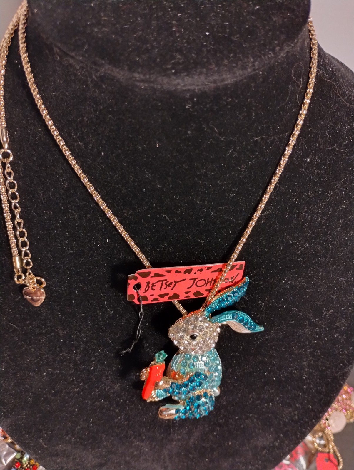 Betsey Johnson Blue Rabbit Or Bunny & Carrot Rhinestone Necklace/Pin New W/Tags