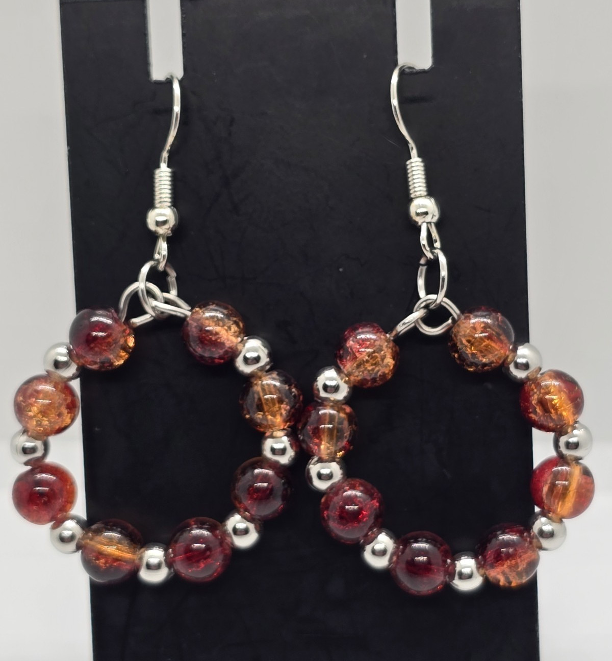 Red Orange Glass Beaded Hoop Dangle Earrings, Stainless Steel, Hook Closure