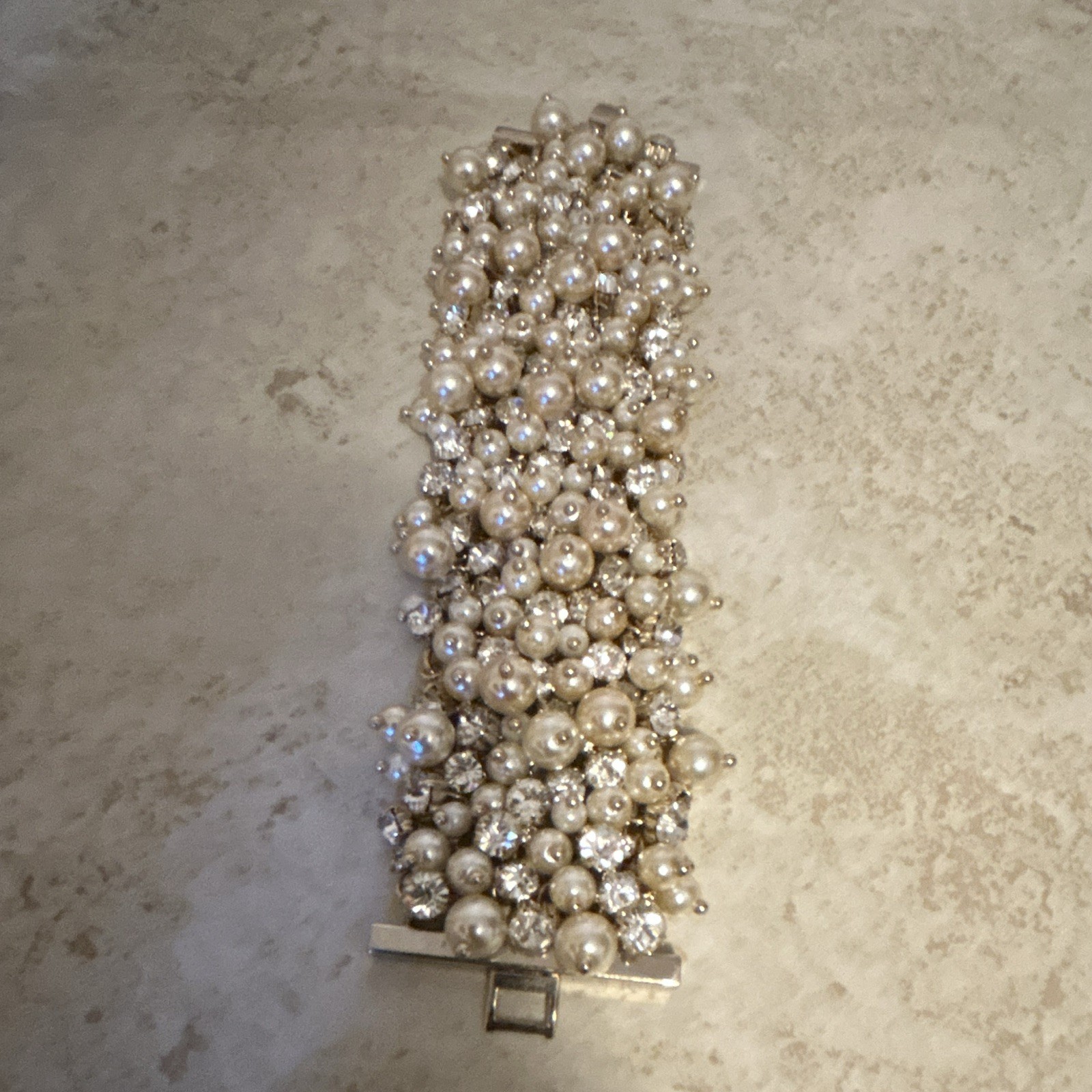Gold Tone bracelet with faux Pearls & Clear Rhinestone Clusters