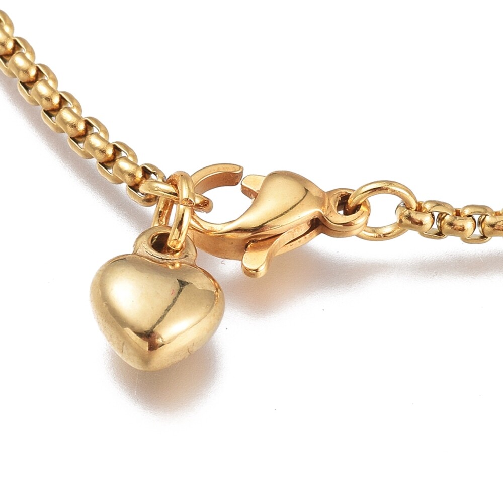 Stainless Steel Charm Bracelet Box Lobster Heart Gold 8.2″ 21cm 2mm Z217