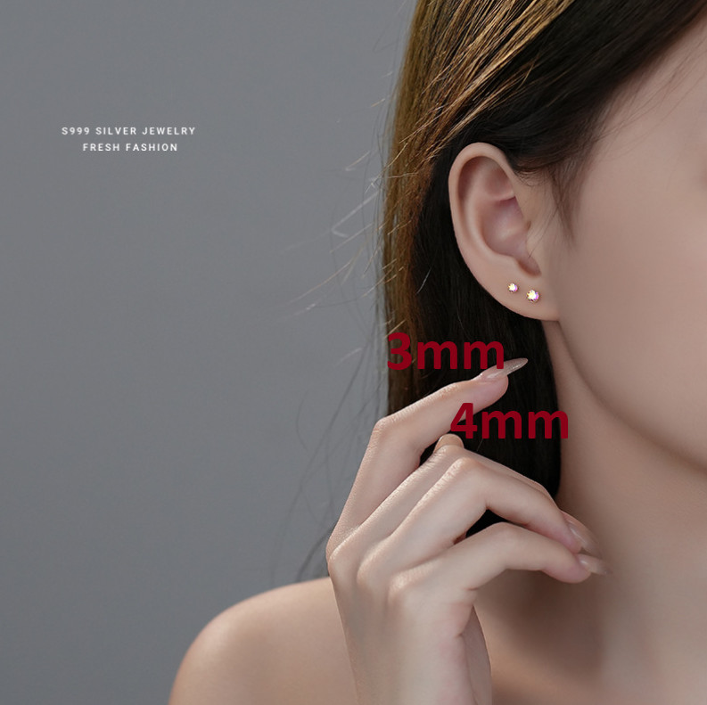 S925 Sterling Silver Tiny AB Crystal Round Girl Women Stud Post Earrings 3/4/5mm