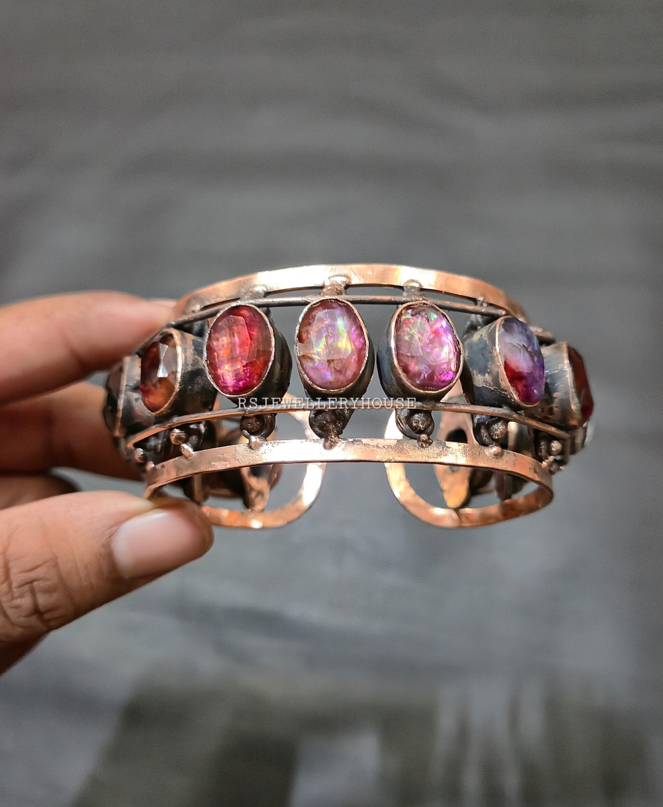 Copper Wire Wrapped Faceted Ammolite Gemstone Cuff Bangle Handmade Jewel Bangle