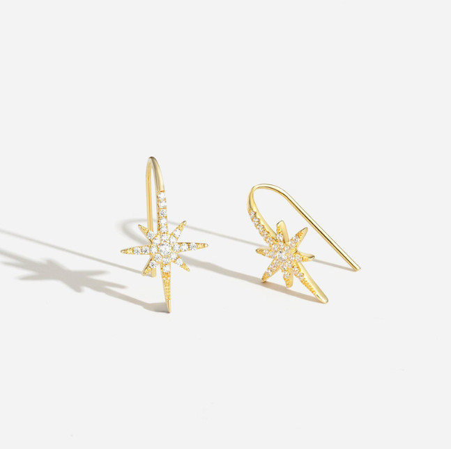 925 Sterling Silver Cz North Star Starburst Hook Stud Earrings 12x19mm Gift I119