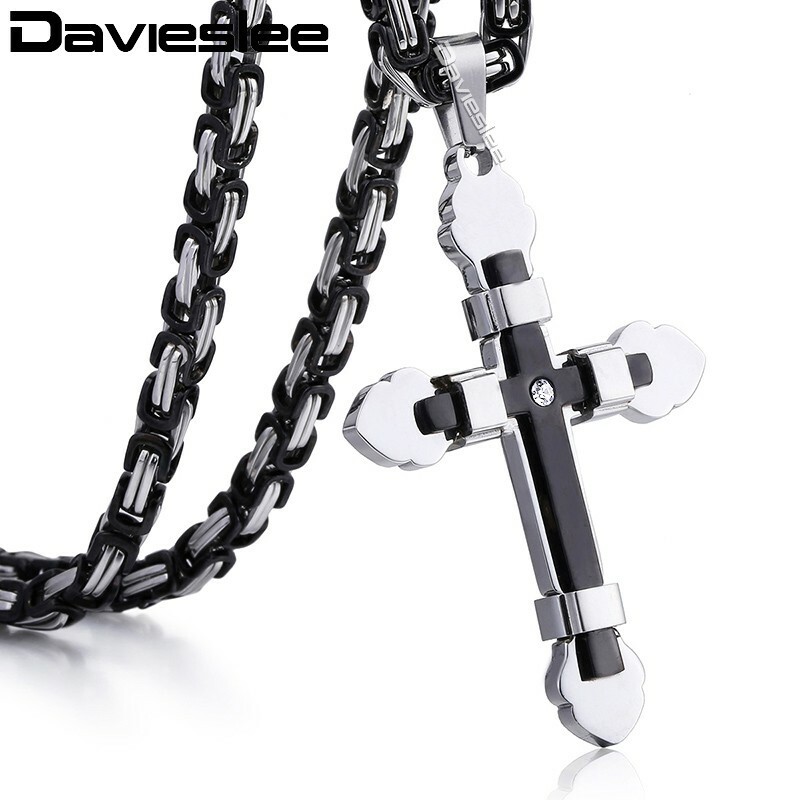 18-30″ Mens Stainless Steel Chain Necklace Cross Pendant Black&Silver Byzantine