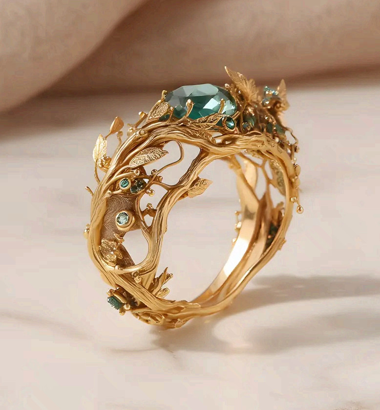 Copper Branch Ring Green Crystal Elven Nature Statement Jewelry