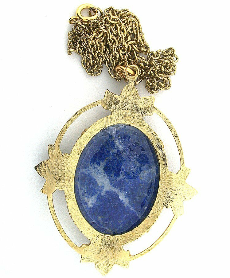 Vintage 40×30 Oval Lapis Cabochon Goldplated Leaf Pendant And 23 Inch Chain T4A7