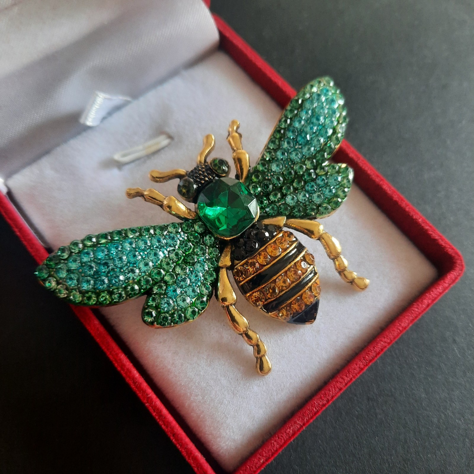Green, Black and Yellow Rhinestone Bee Brooch | Gold Tone Bumblebee Pin