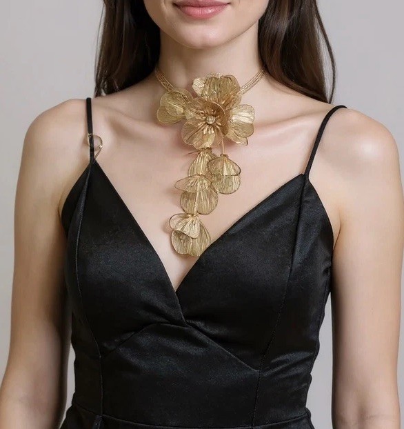 Zara Flower Necklace Cascade Gold Bafta Kate Middleton Statement Boho Petal CZ