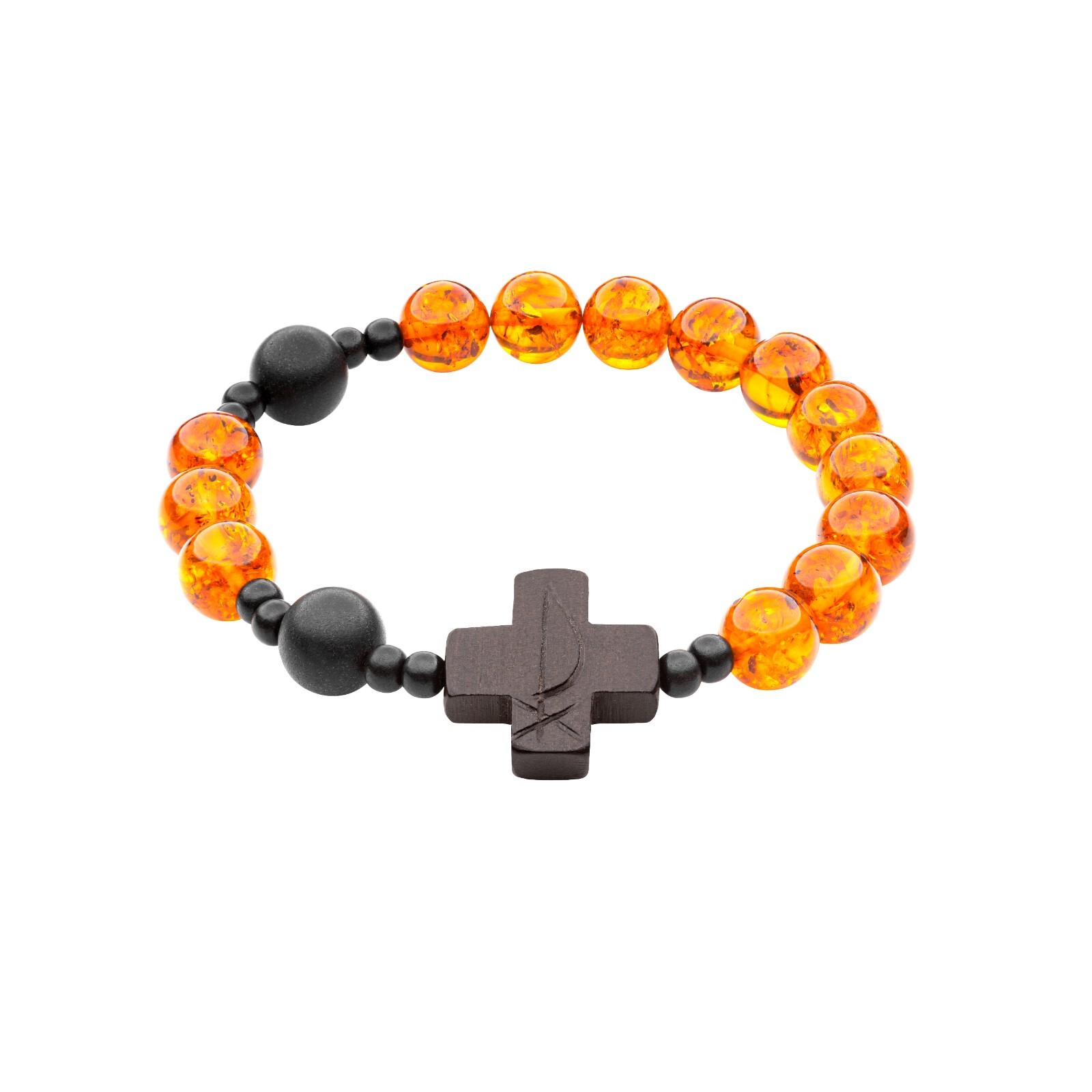 Orthodox Bead Rosary Bracelet with Chi Rho Cross | Cognac Amber & Black Ebony