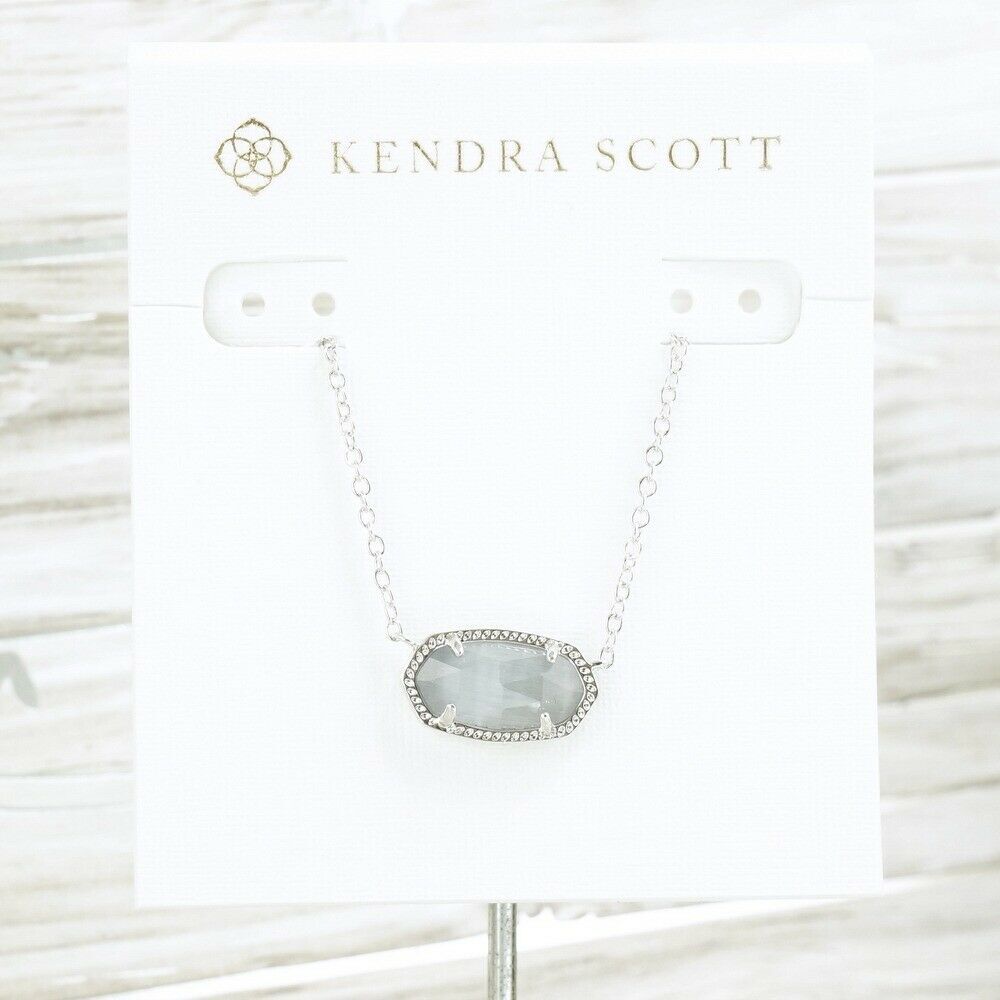 NWT Kendra Scott Elisa Cat’s Eye Slate Light Grey Pendant Necklace Silver Tone