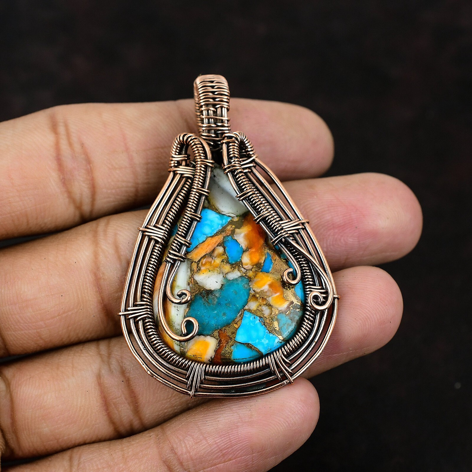 Gift For Her Copper Spiny Oyster Turquoise Jewelry Wire Wrapped Pendant 2.32″