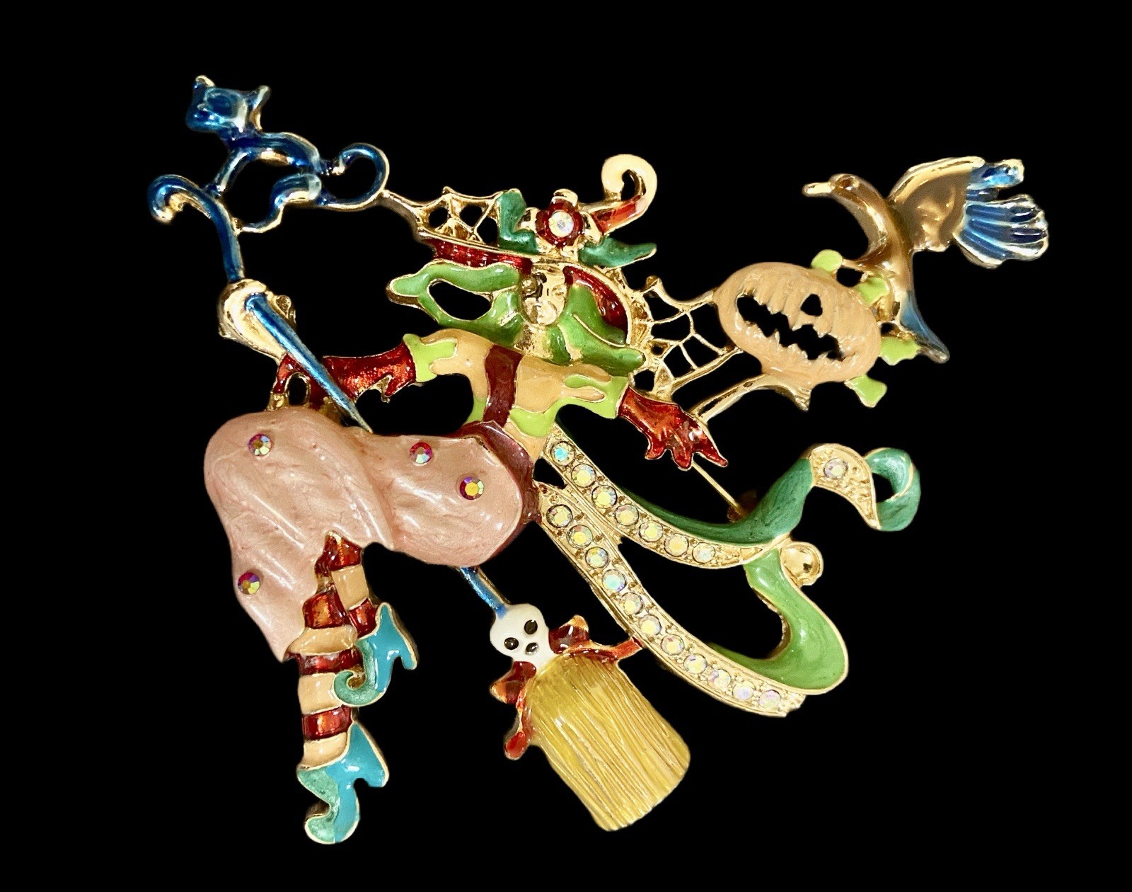 Large Kirk’s Folly Style Witch Brooch ~Enamel Rhinestone~Ghost Pumpkin~NWOT