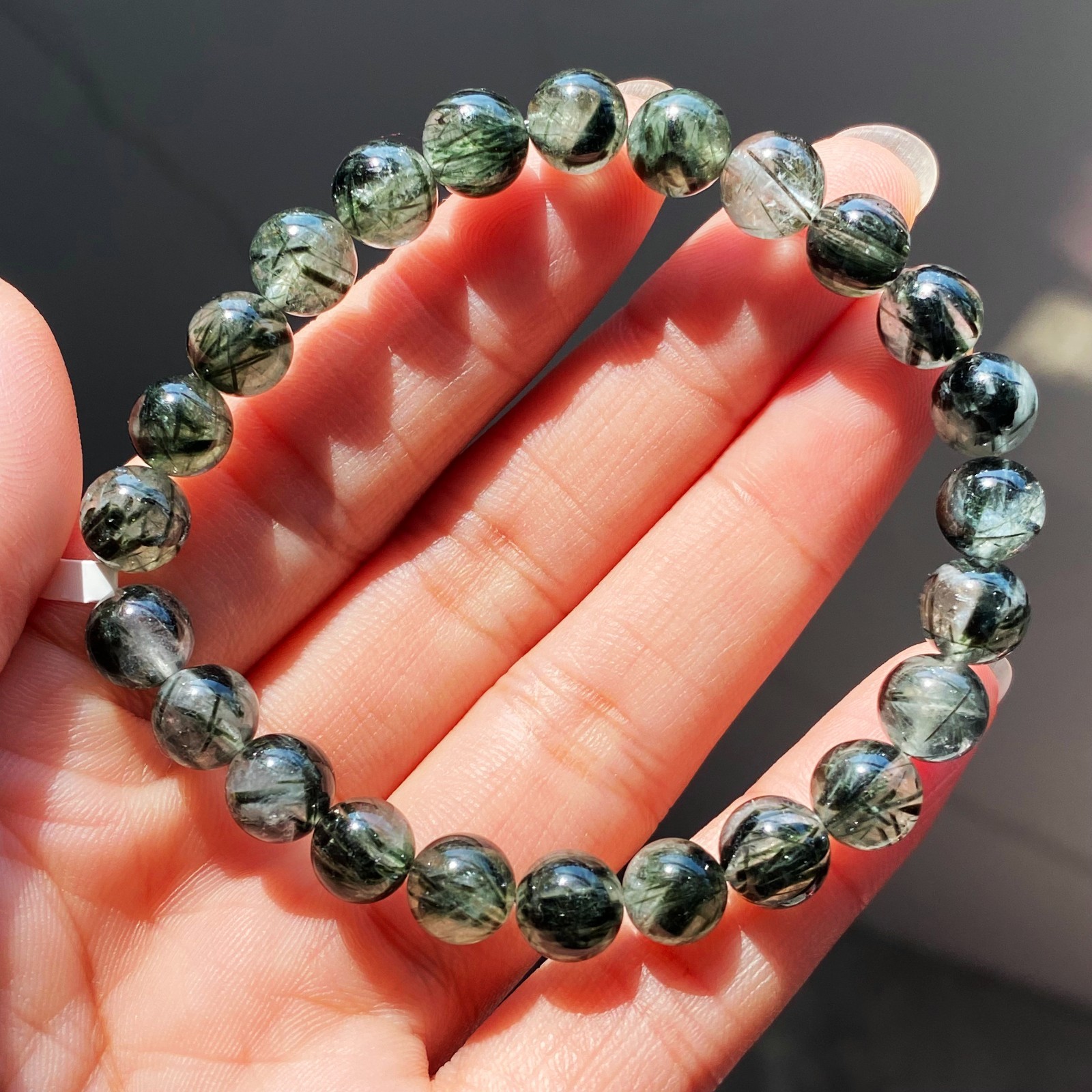 7.8mm Natural Green Tourmaline Rutilated Quartz Crystal Beads Bracelet 032