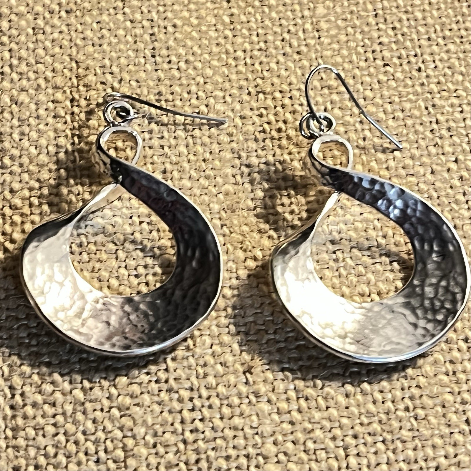 Hammered Silverplate Pierced Earrings 1 3/4 Inches Long Twisted Oval Dangles