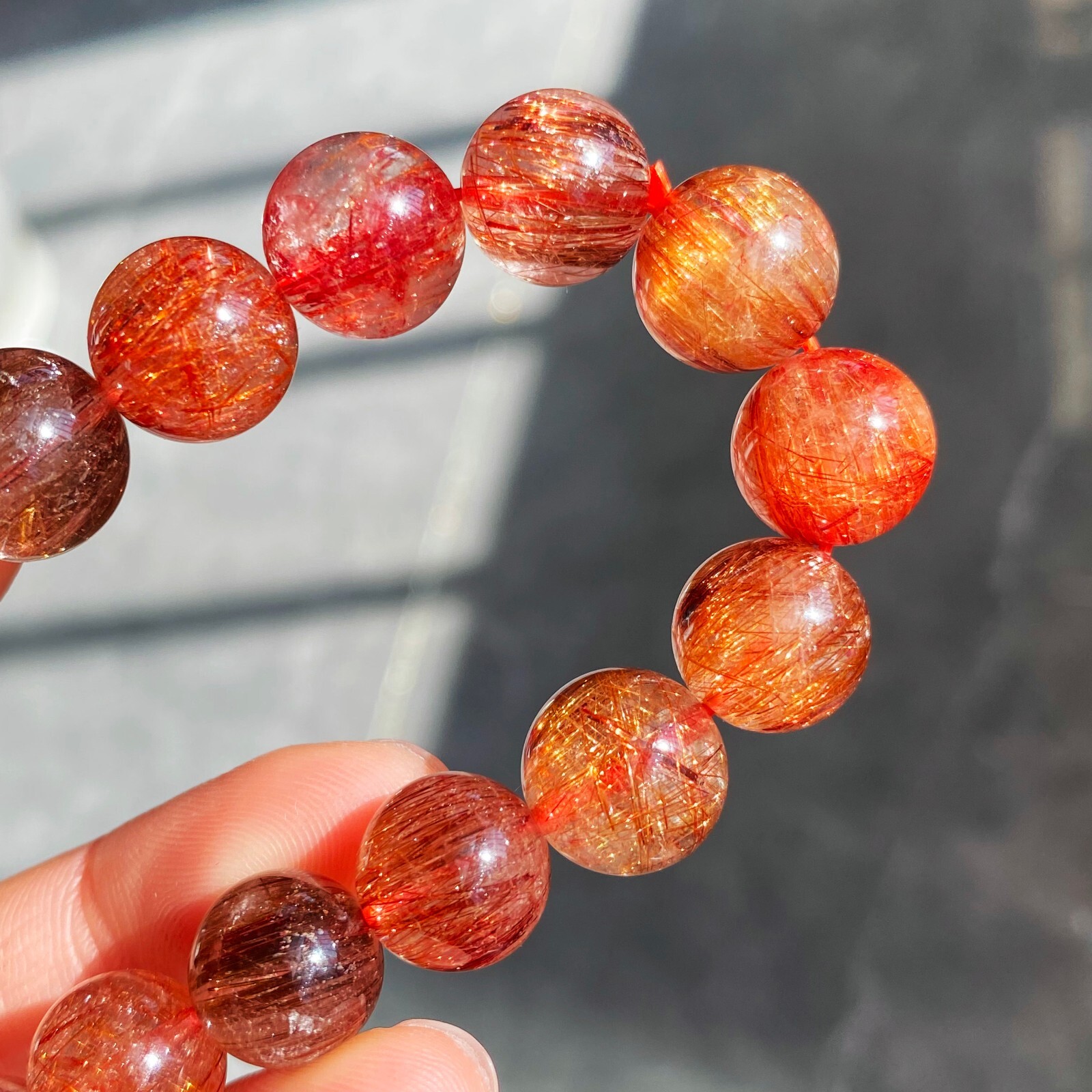 10.7-11.3mm Natural Copper Rutilated Quartz Crystal Stretch Beads Bracelet 17