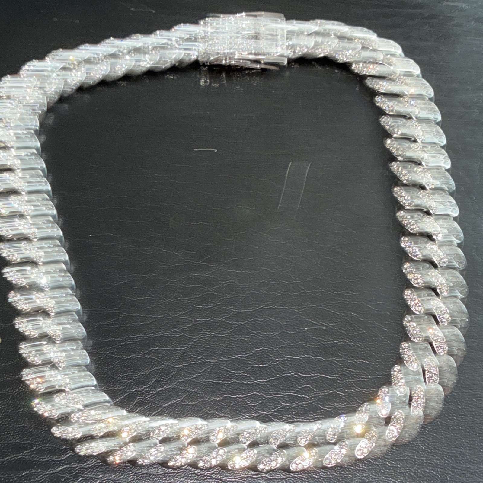 Silver plated Iced Out Cuban Link Chain w/ Box Clasp 16 inch choker. Brass