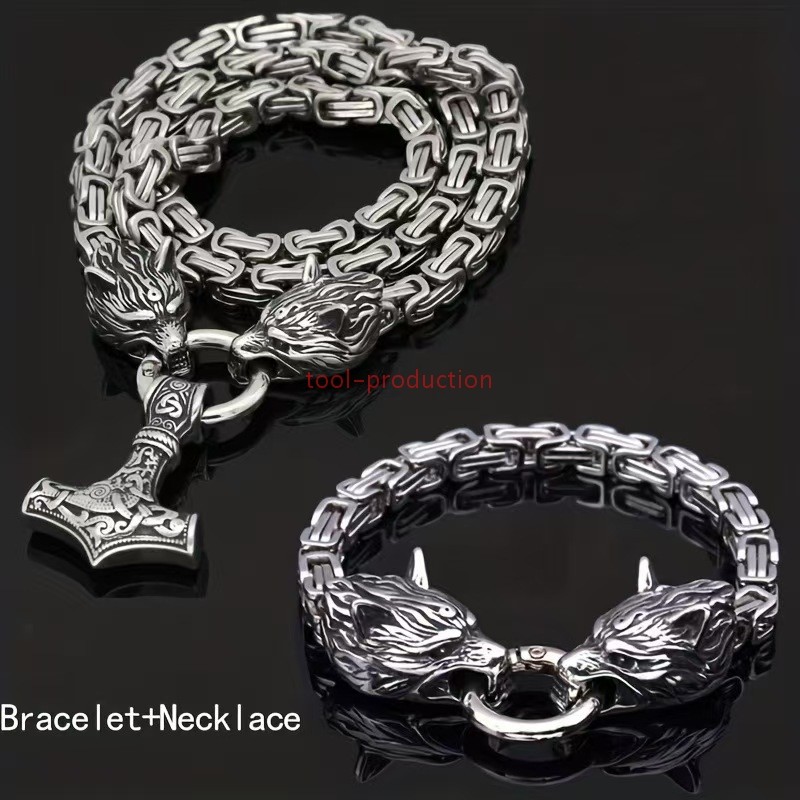 Viking Wolf Head Mjolnir Necklace Bracelet Set Norse Thor Hammer Jewelry