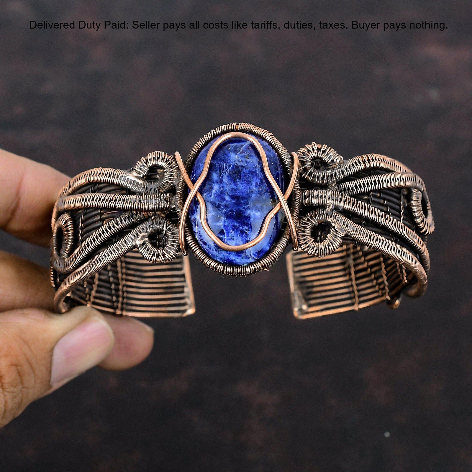 Oval Third Eye Chakra Sodalite Gemstone Boho Wire Wrapped Bangle Jewelry Copper